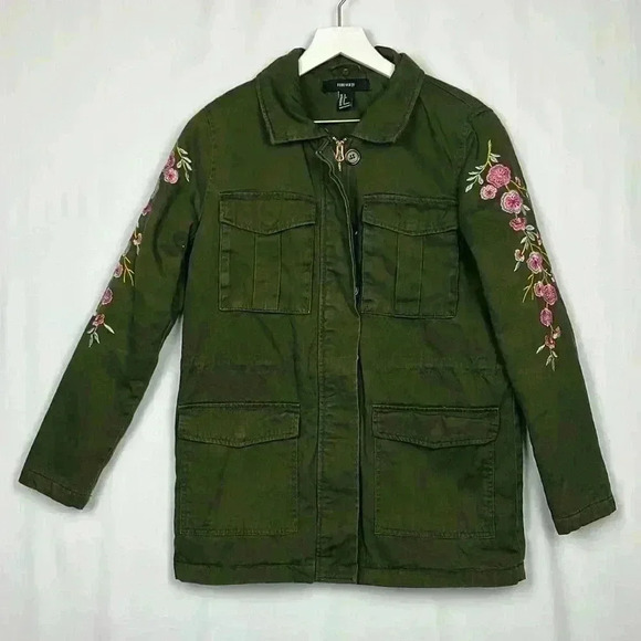 Forever 21 Womens Jacket Olive Green S Zip/Button Front Embroidered Sleeves EUC - Picture 1 of 11
